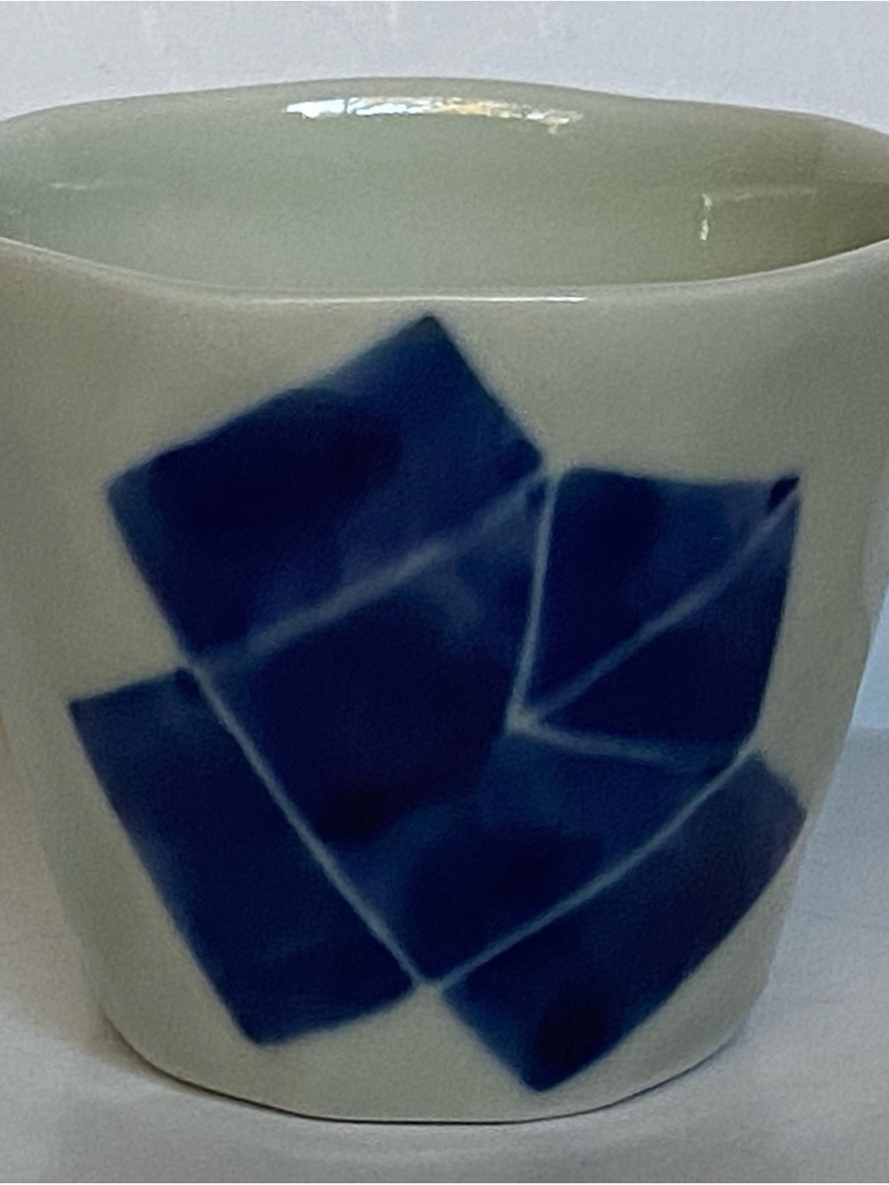 Soba Choko Cup Japanese Signed White Cobalt Blue Geometric 2.75” Tall and 3” EUC